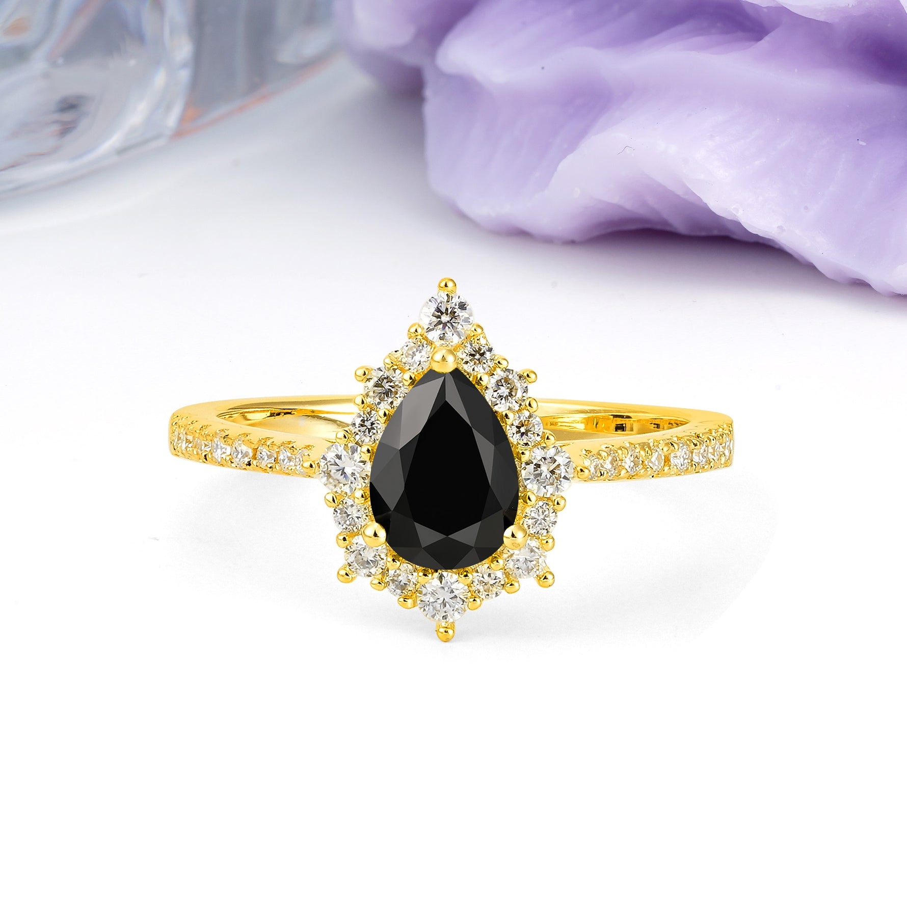 Classic Pavé-Set, Luxurious 3-Prong Pear-Cut Black Onyx Engagement Ring - Additional view