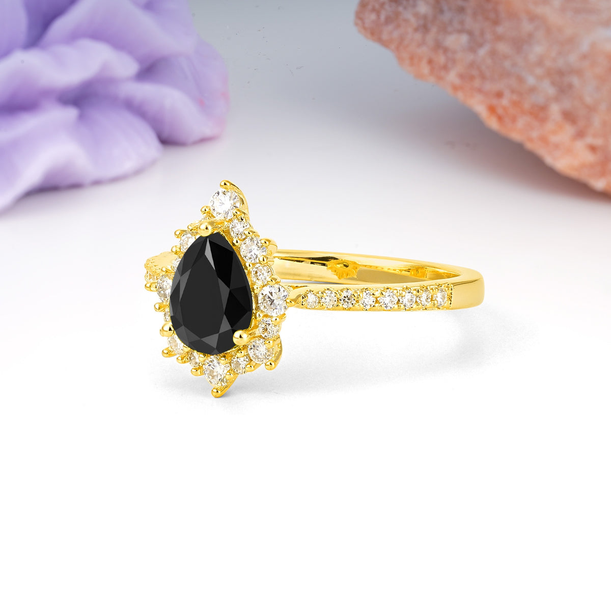Classic Pavé-Set, Luxurious 3-Prong Pear-Cut Black Onyx Engagement Ring - Additional view