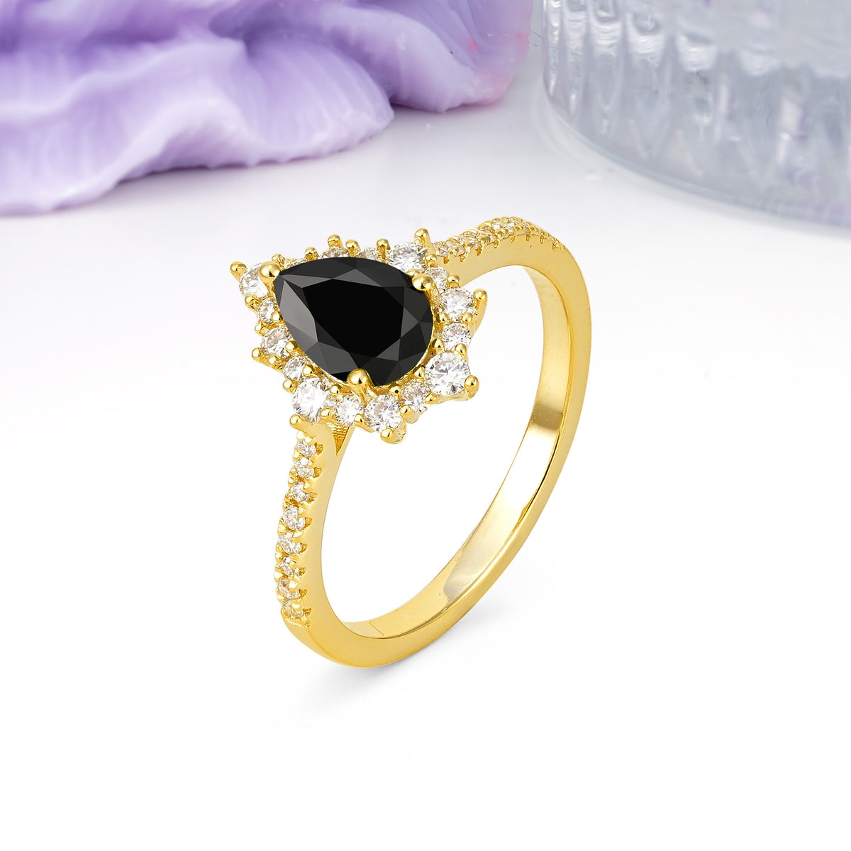 Classic Pavé-Set, Luxurious 3-Prong Pear-Cut Black Onyx Engagement Ring - Additional view