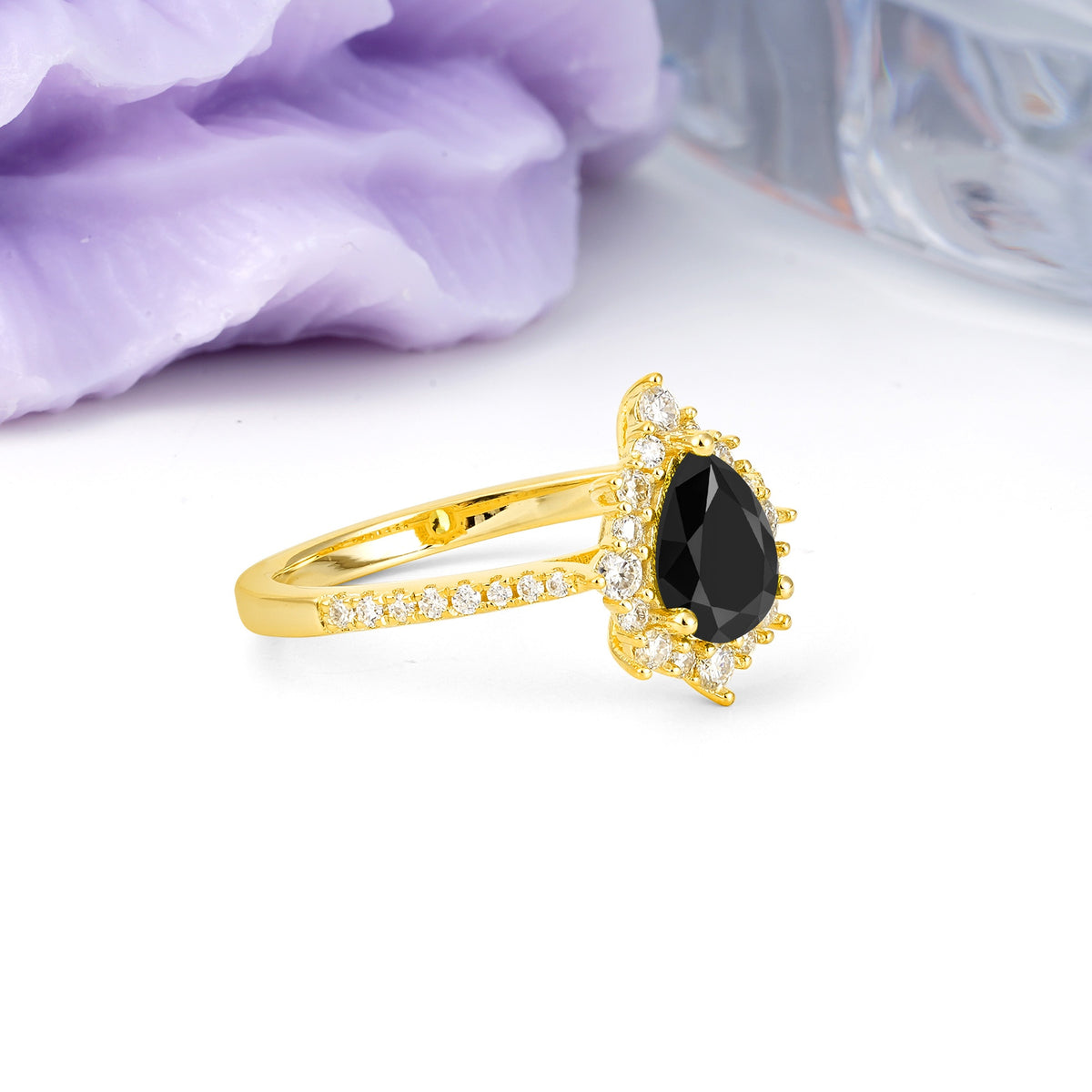 Classic Pavé-Set, Luxurious 3-Prong Pear-Cut Black Onyx Engagement Ring - Additional view