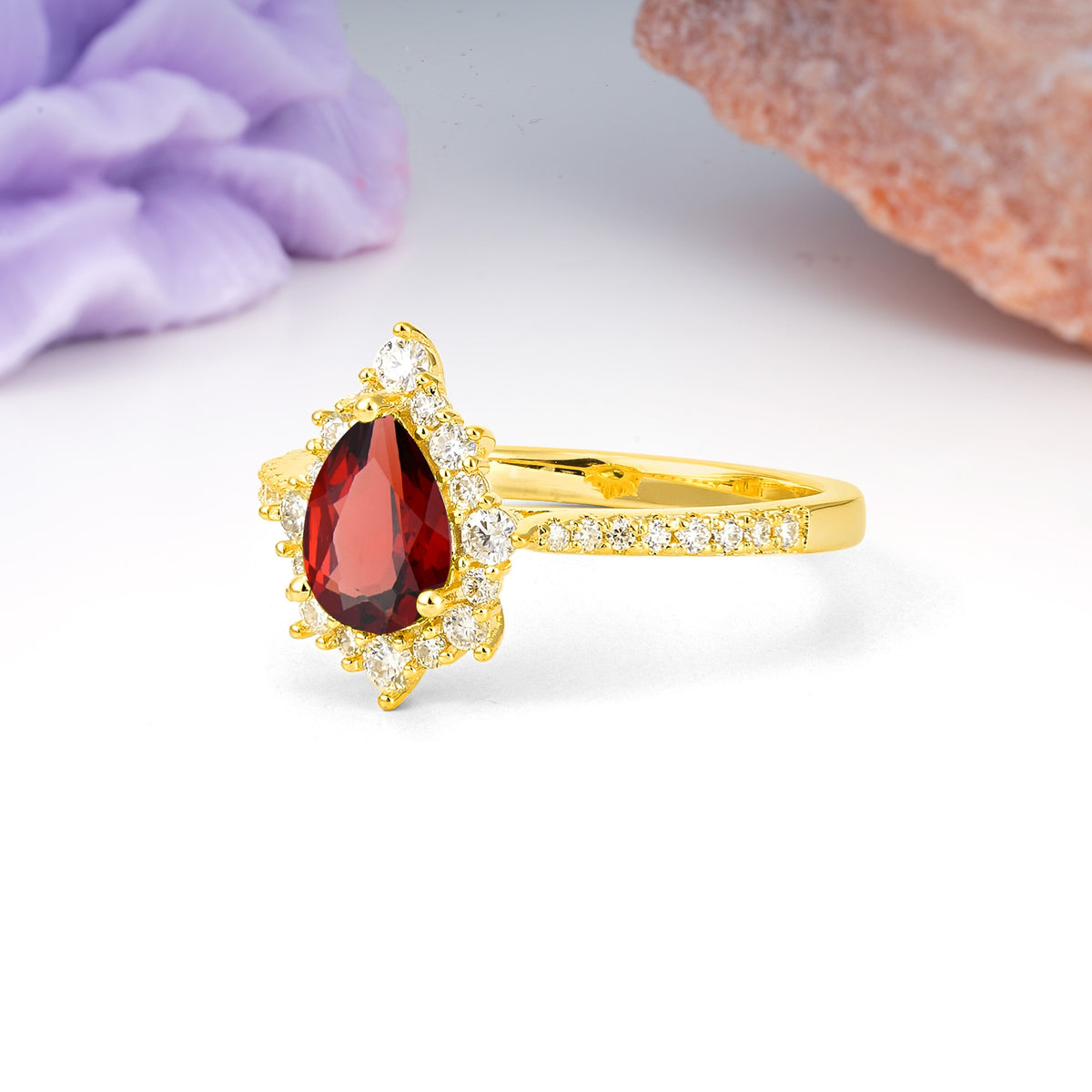 Classic Pavé-Set, Luxurious 3-Prong Pear-Cut Garnet Engagement Ring - Additional view