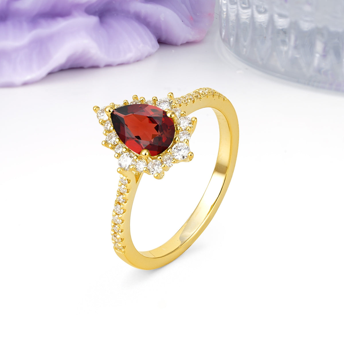 Classic Pavé-Set, Luxurious 3-Prong Pear-Cut Garnet Engagement Ring - Additional view