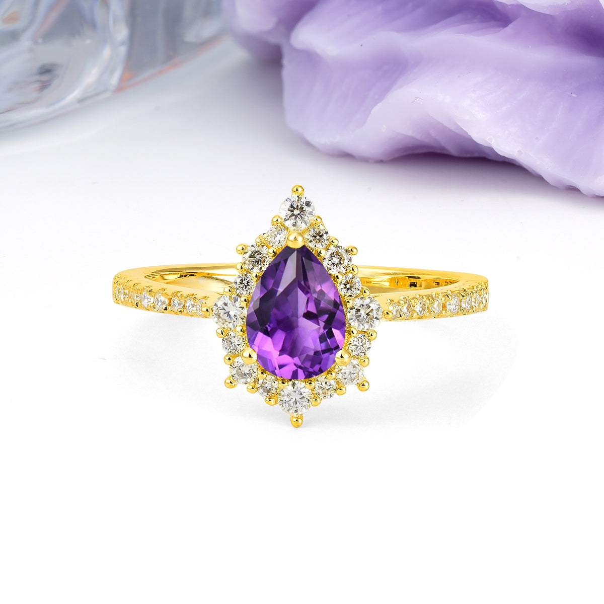Classic Pavé-Set, Luxurious 3-Prong Pear-Cut Amethyst Engagement Ring - Additional view