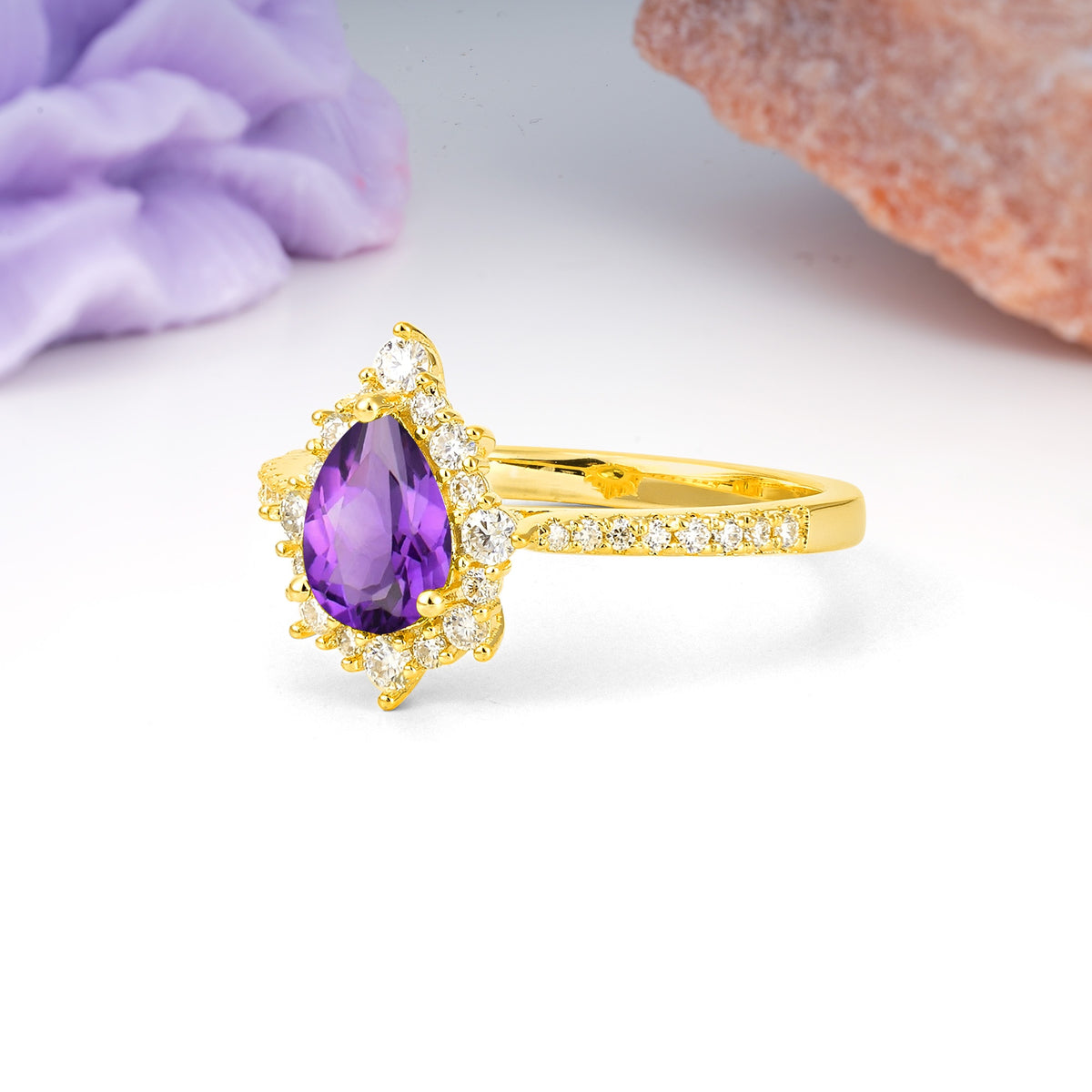 Classic Pavé-Set, Luxurious 3-Prong Pear-Cut Amethyst Engagement Ring - Additional view