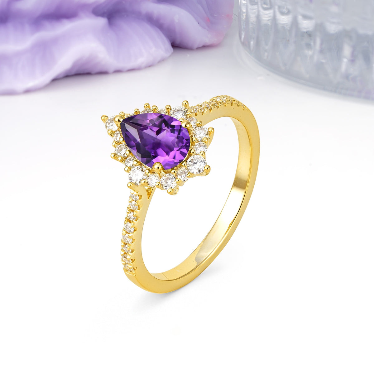 Classic Pavé-Set, Luxurious 3-Prong Pear-Cut Amethyst Engagement Ring - Additional view