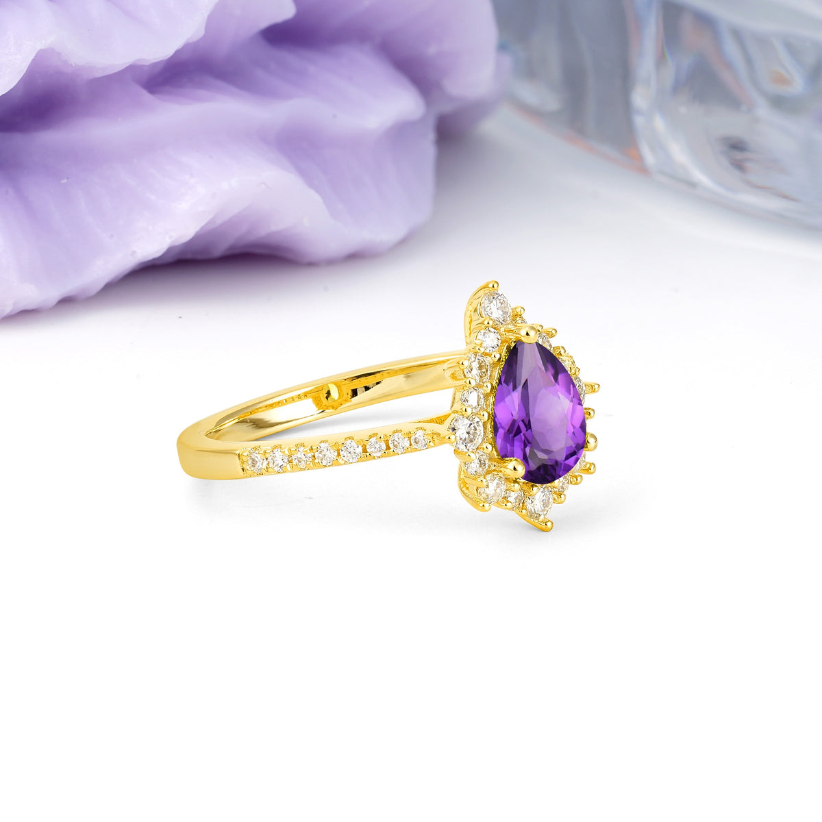 Classic Pavé-Set, Luxurious 3-Prong Pear-Cut Amethyst Engagement Ring - Additional view