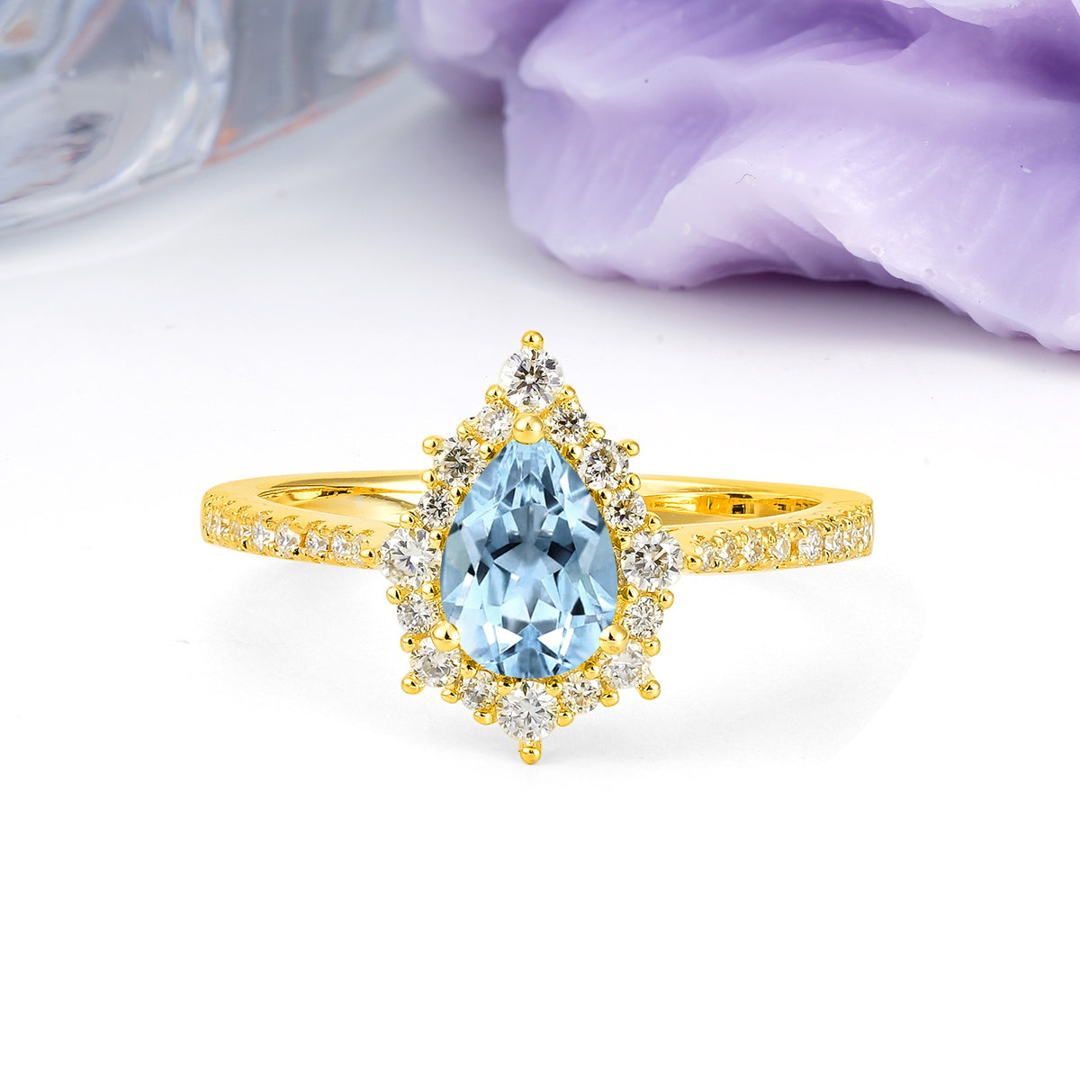 Classic Pavé-Set, Luxurious 3-Prong Pear-Cut Aquamarine Engagement Ring - Additional view