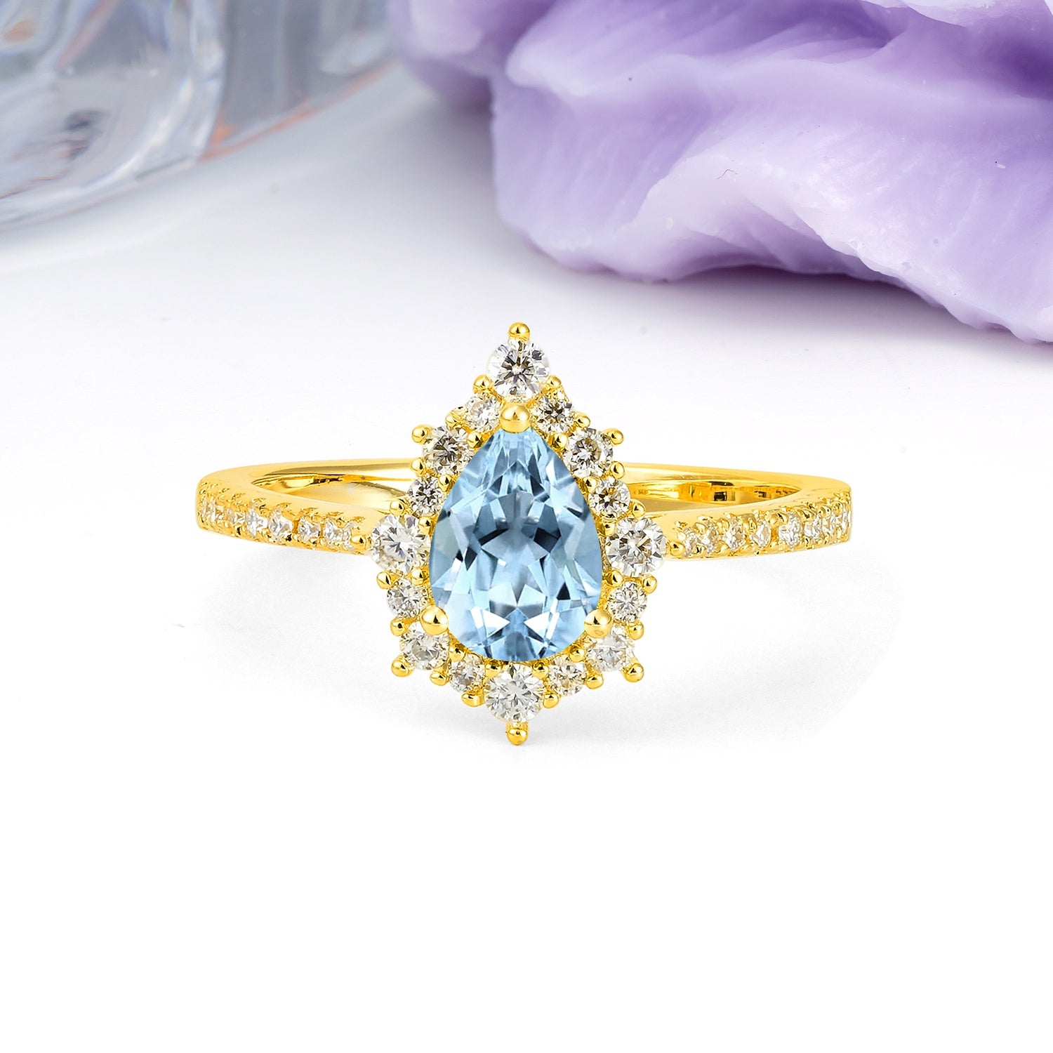 Classic Pavé-Set, Luxurious 3-Prong Pear-Cut Aquamarine Engagement Ring - Additional view