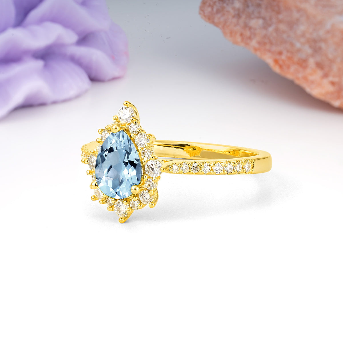 Classic Pavé-Set, Luxurious 3-Prong Pear-Cut Aquamarine Engagement Ring - Additional view