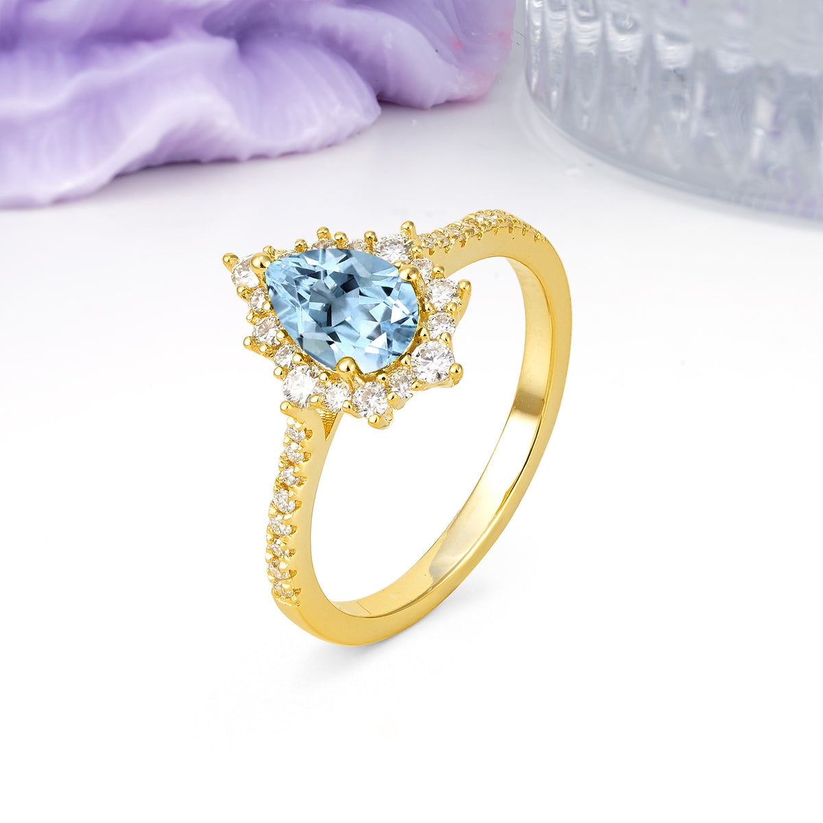 Classic Pavé-Set, Luxurious 3-Prong Pear-Cut Aquamarine Engagement Ring - Additional view