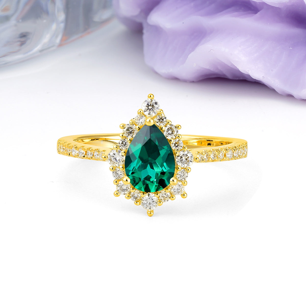 Classic Pavé-Set, Luxurious 3-Prong Pear-Cut Emerald Engagement Ring - Additional view