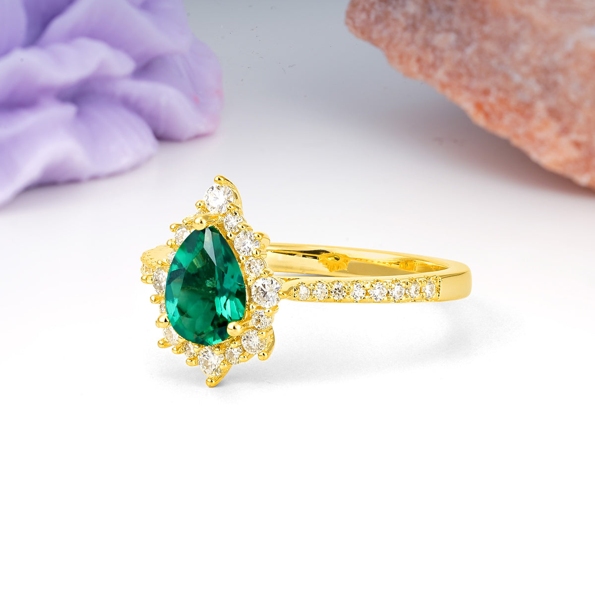 Classic Pavé-Set, Luxurious 3-Prong Pear-Cut Emerald Engagement Ring - Additional view