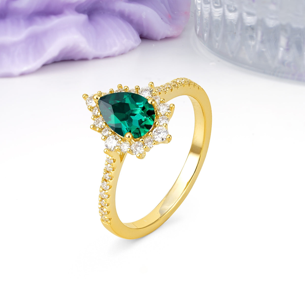 Classic Pavé-Set, Luxurious 3-Prong Pear-Cut Emerald Engagement Ring - Additional view