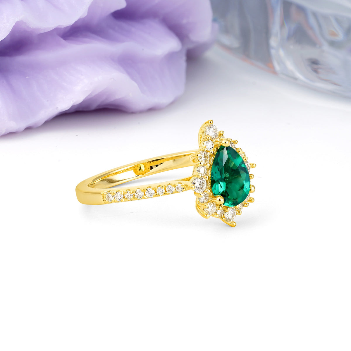 Classic Pavé-Set, Luxurious 3-Prong Pear-Cut Emerald Engagement Ring - Additional view