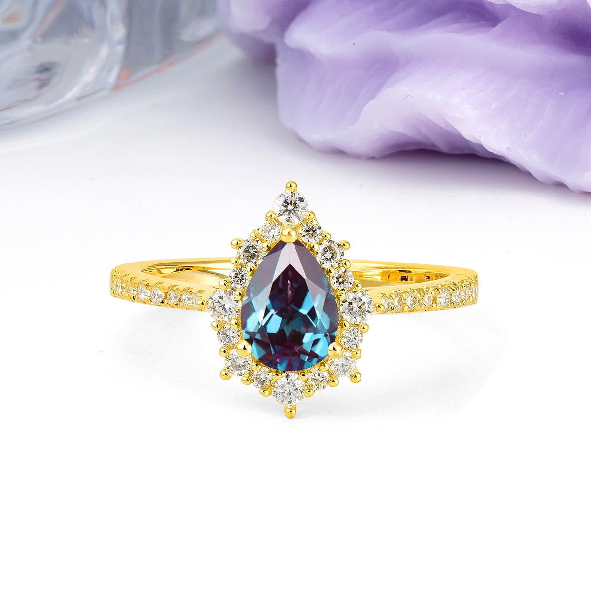 Classic Pavé-Set, Luxurious 3-Prong Pear-Cut Alexandrite Engagement Ring - Additional view