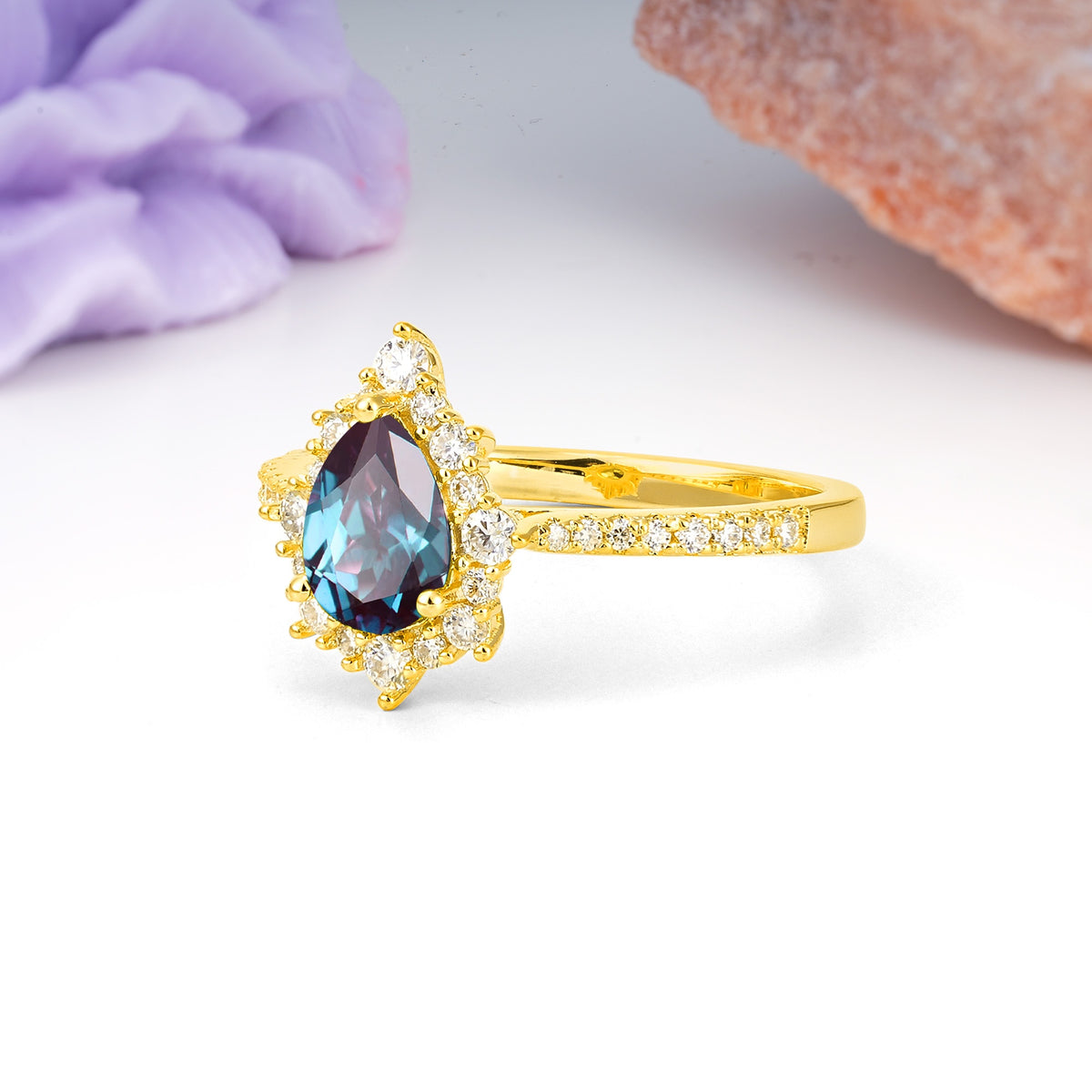 Classic Pavé-Set, Luxurious 3-Prong Pear-Cut Alexandrite Engagement Ring - Additional view