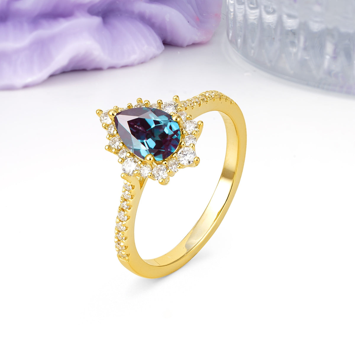 Classic Pavé-Set, Luxurious 3-Prong Pear-Cut Alexandrite Engagement Ring - Additional view