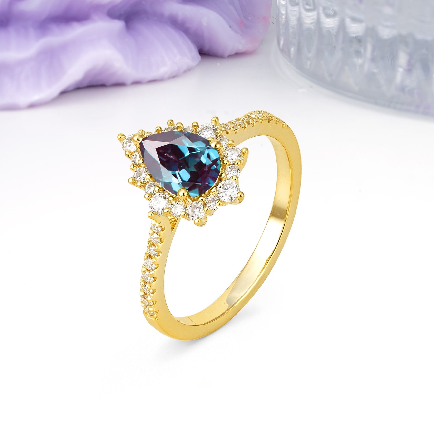Classic Pavé-Set, Luxurious 3-Prong Pear-Cut Alexandrite Engagement Ring - Additional view