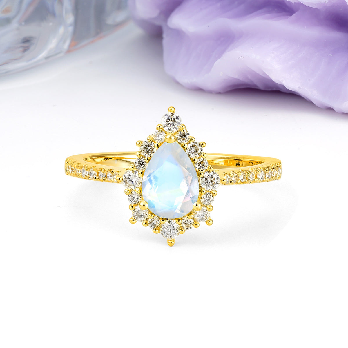 Classic Pavé-Set, Luxurious 3-Prong Pear-Cut Moonstone Engagement Ring - Additional view