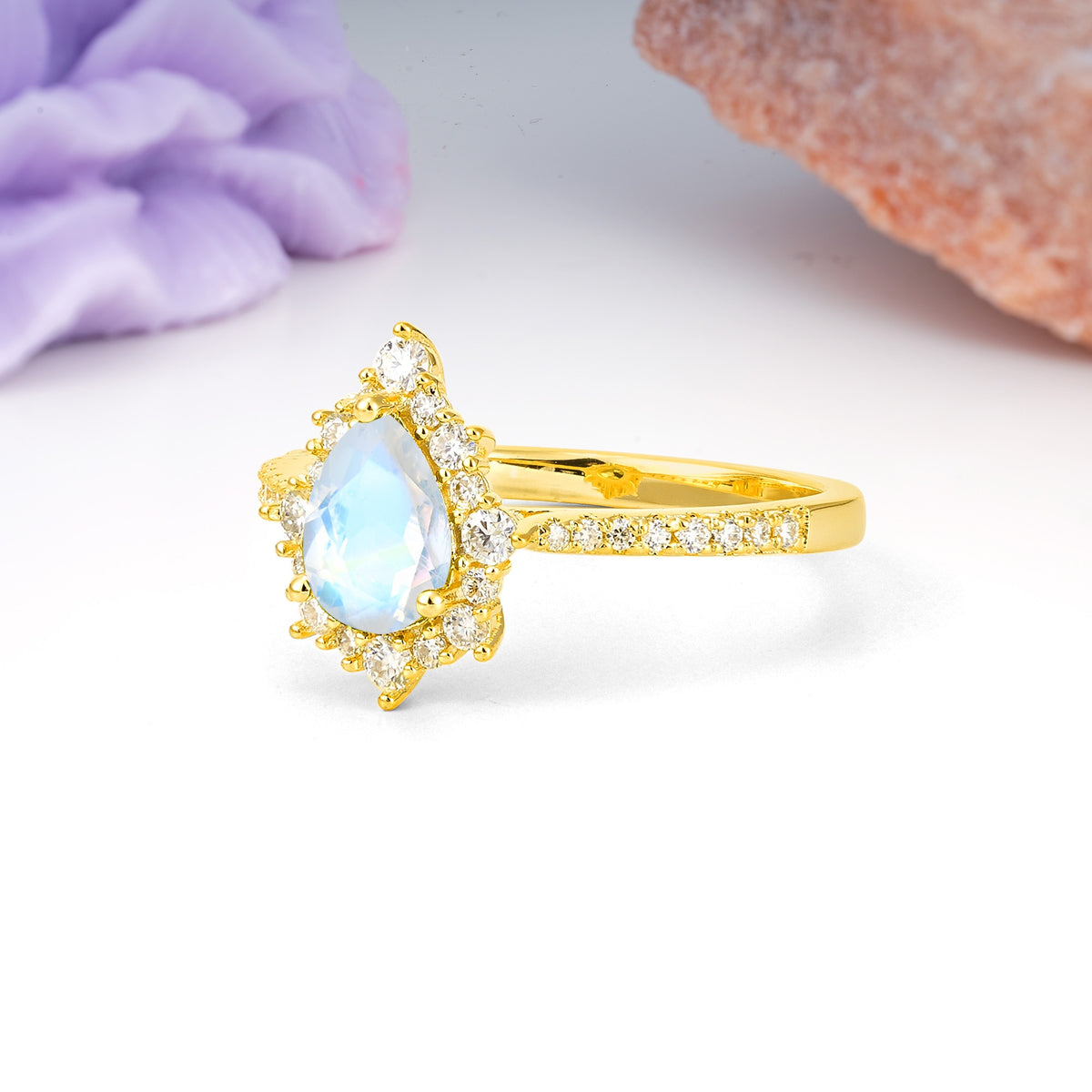 Classic Pavé-Set, Luxurious 3-Prong Pear-Cut Moonstone Engagement Ring - Additional view