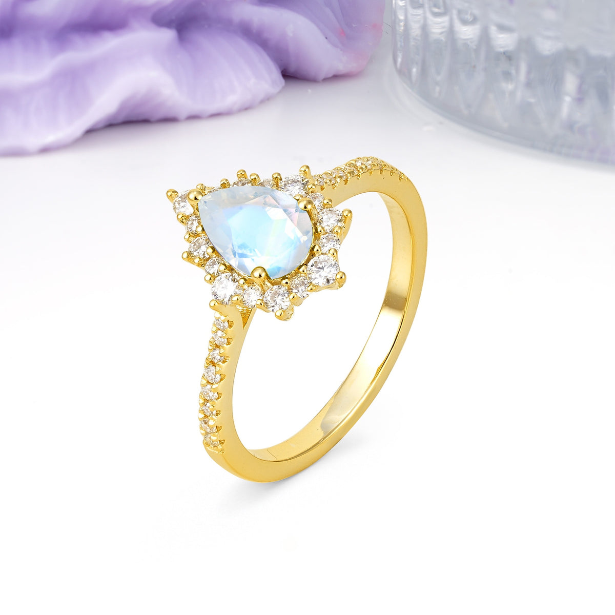 Classic Pavé-Set, Luxurious 3-Prong Pear-Cut Moonstone Engagement Ring - Additional view