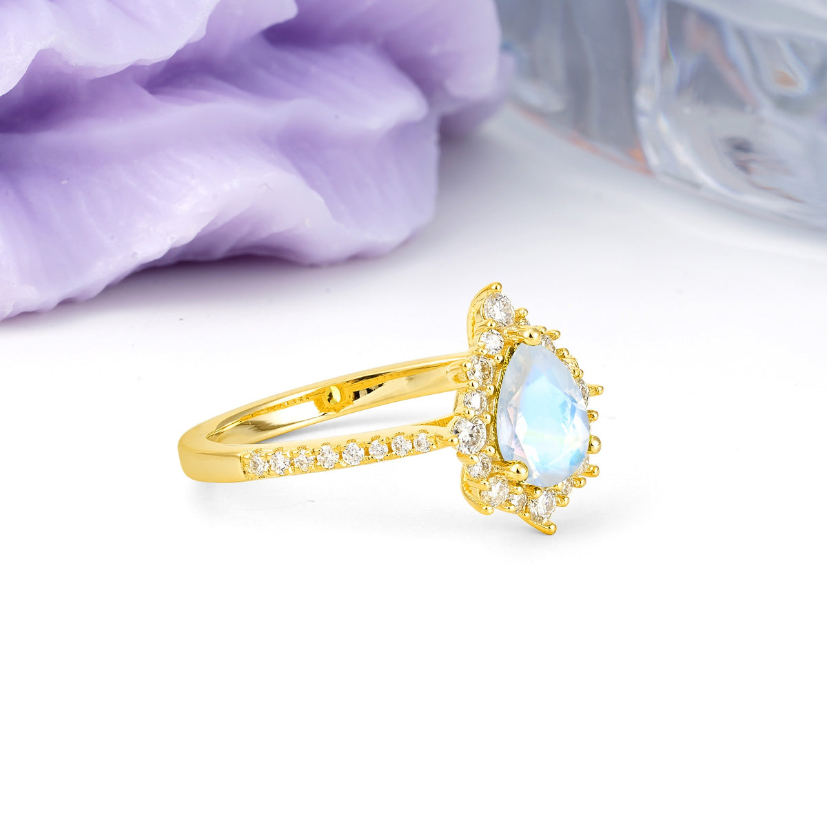 Classic Pavé-Set, Luxurious 3-Prong Pear-Cut Moonstone Engagement Ring - Additional view