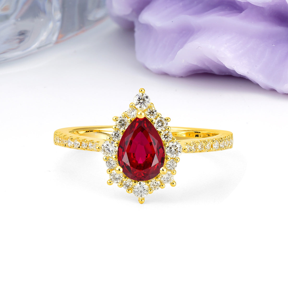 Classic Pavé-Set, Luxurious 3-Prong Pear-Cut Ruby Engagement Ring - Additional view