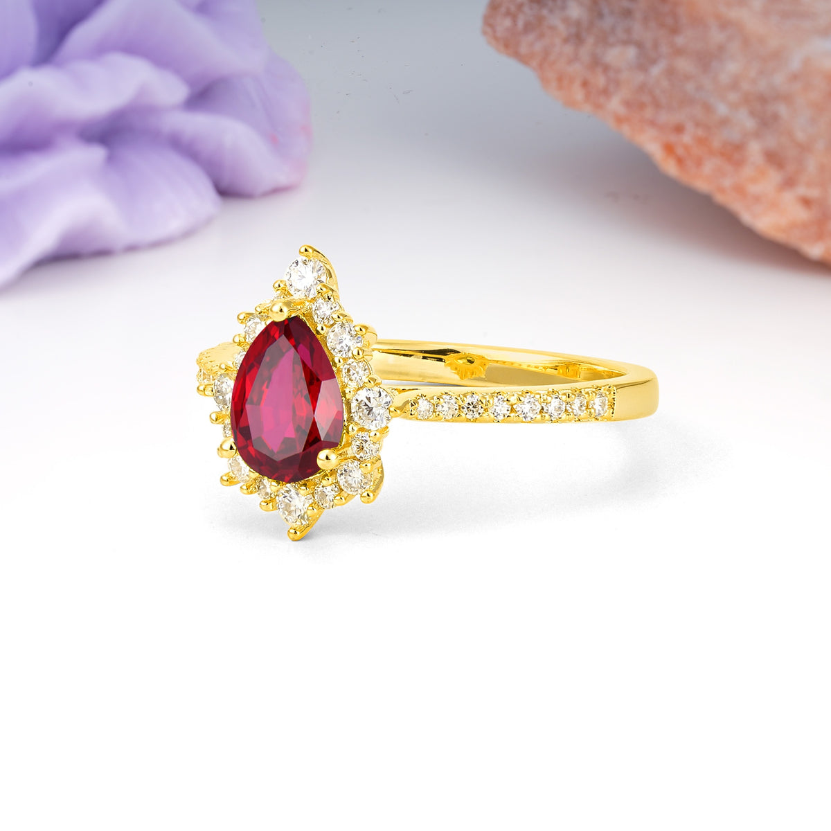 Classic Pavé-Set, Luxurious 3-Prong Pear-Cut Ruby Engagement Ring - Additional view
