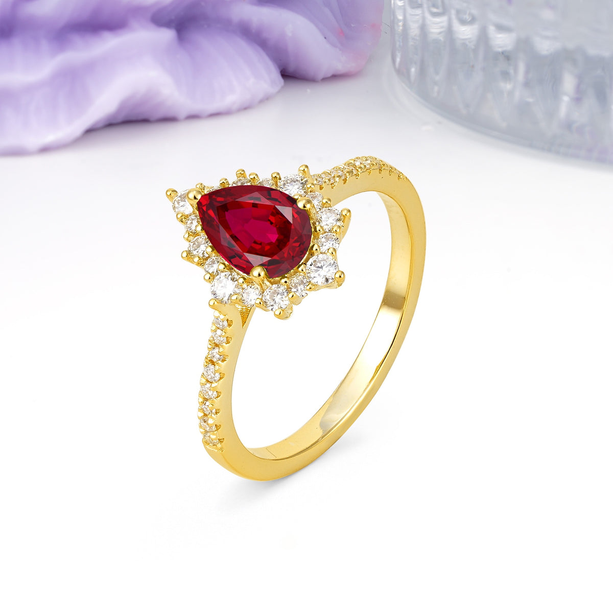 Classic Pavé-Set, Luxurious 3-Prong Pear-Cut Ruby Engagement Ring - Additional view