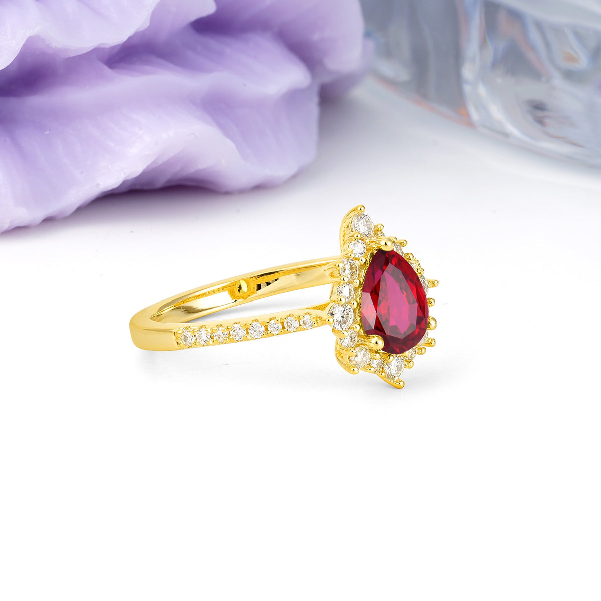 Classic Pavé-Set, Luxurious 3-Prong Pear-Cut Ruby Engagement Ring - Additional view