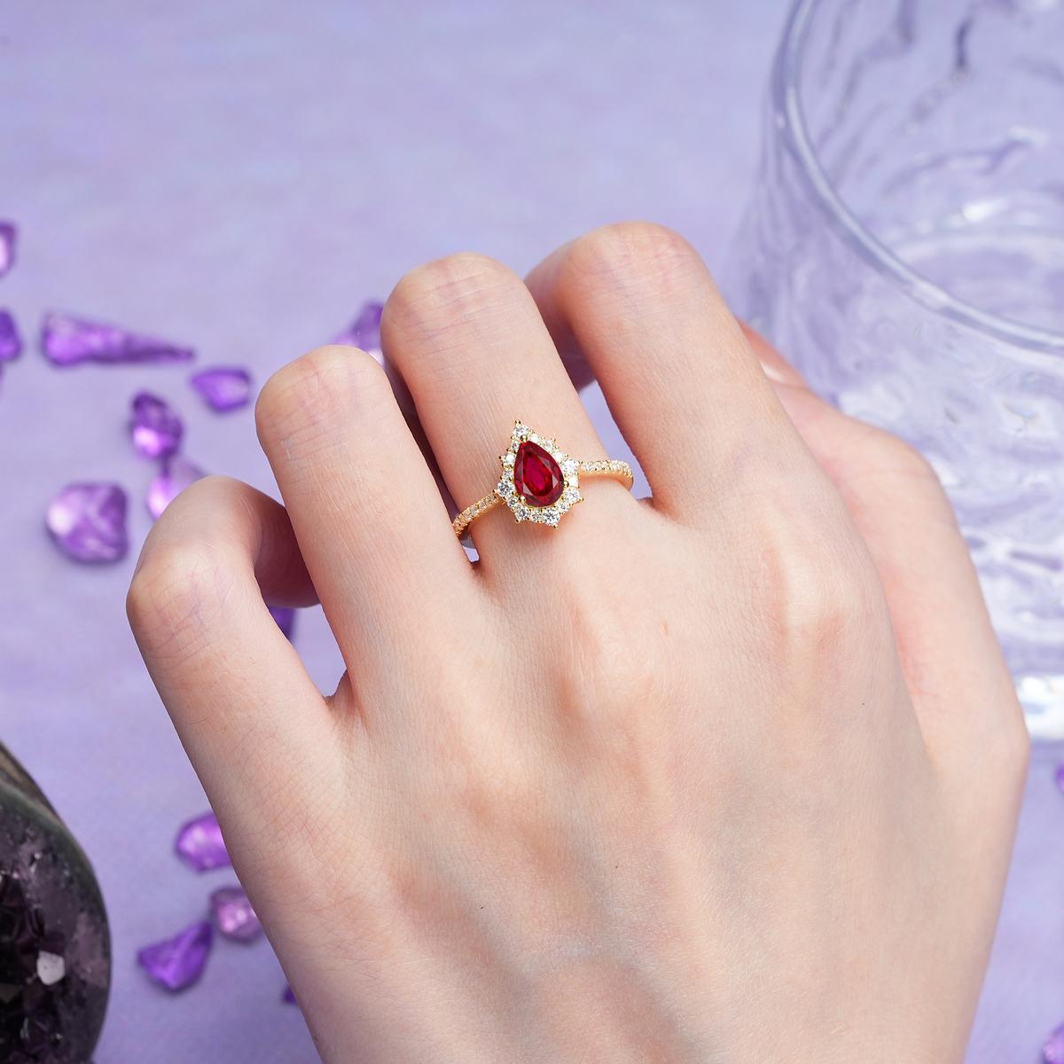 Classic Pavé-Set, Luxurious 3-Prong Pear-Cut Ruby Engagement Ring
