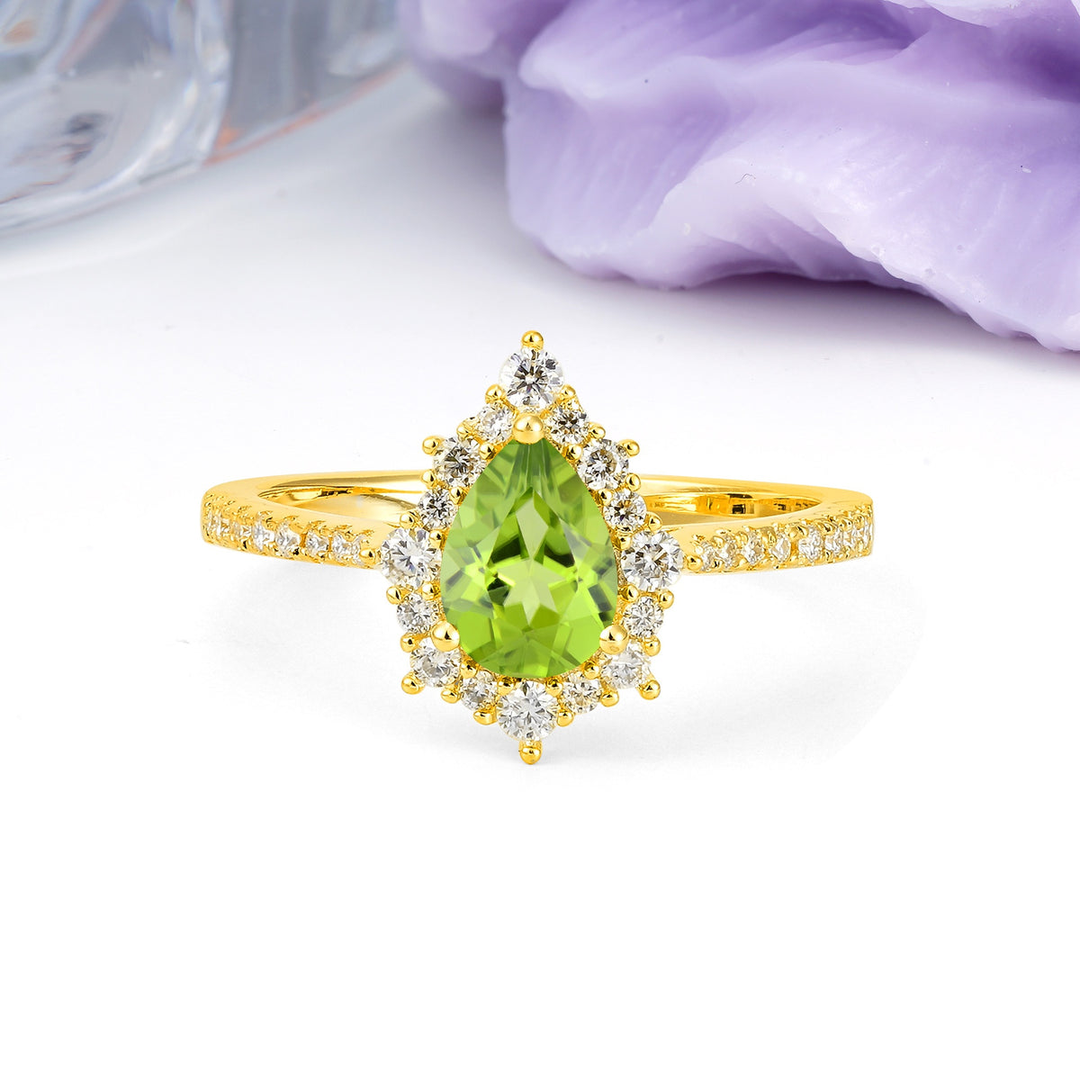 Classic Pavé-Set, Luxurious 3-Prong Pear-Cut Peridot Engagement Ring - Additional view