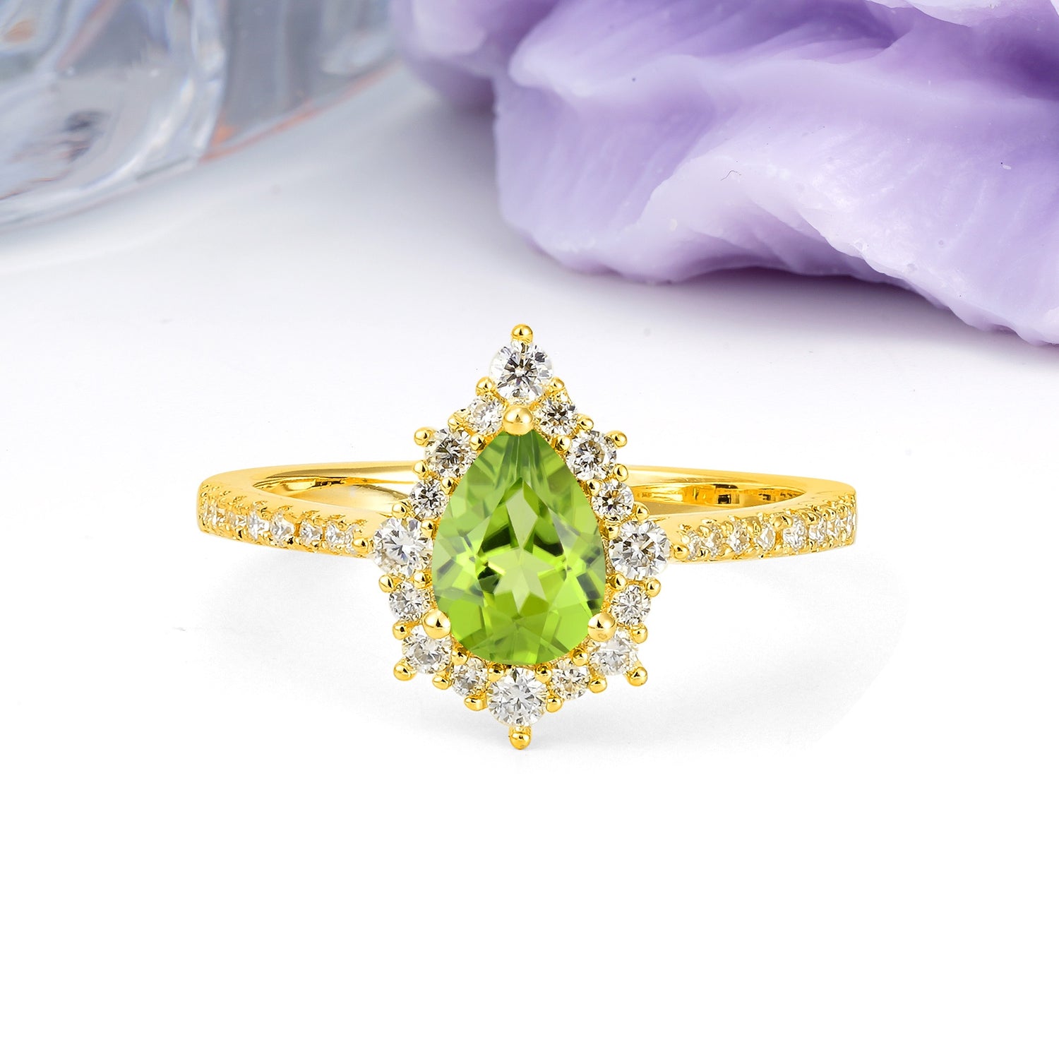 Classic Pavé-Set, Luxurious 3-Prong Pear-Cut Peridot Engagement Ring - Additional view