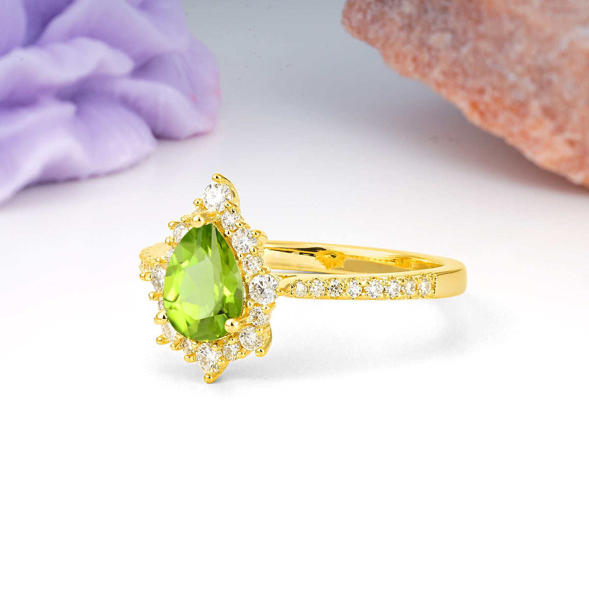 Classic Pavé-Set, Luxurious 3-Prong Pear-Cut Peridot Engagement Ring - Additional view