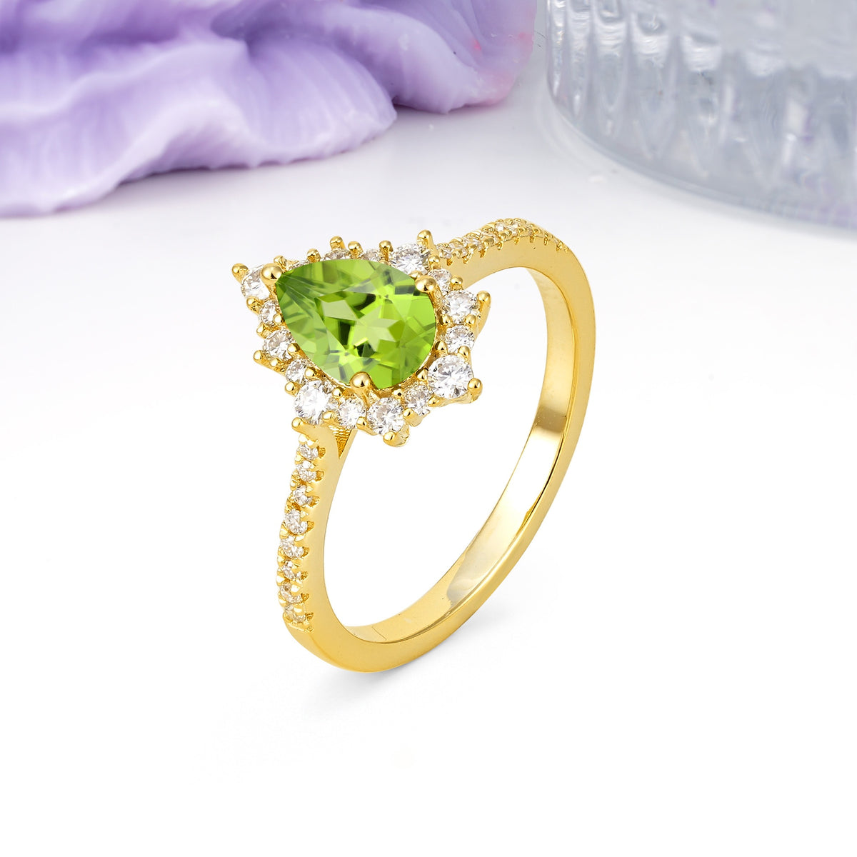 Classic Pavé-Set, Luxurious 3-Prong Pear-Cut Peridot Engagement Ring - Additional view