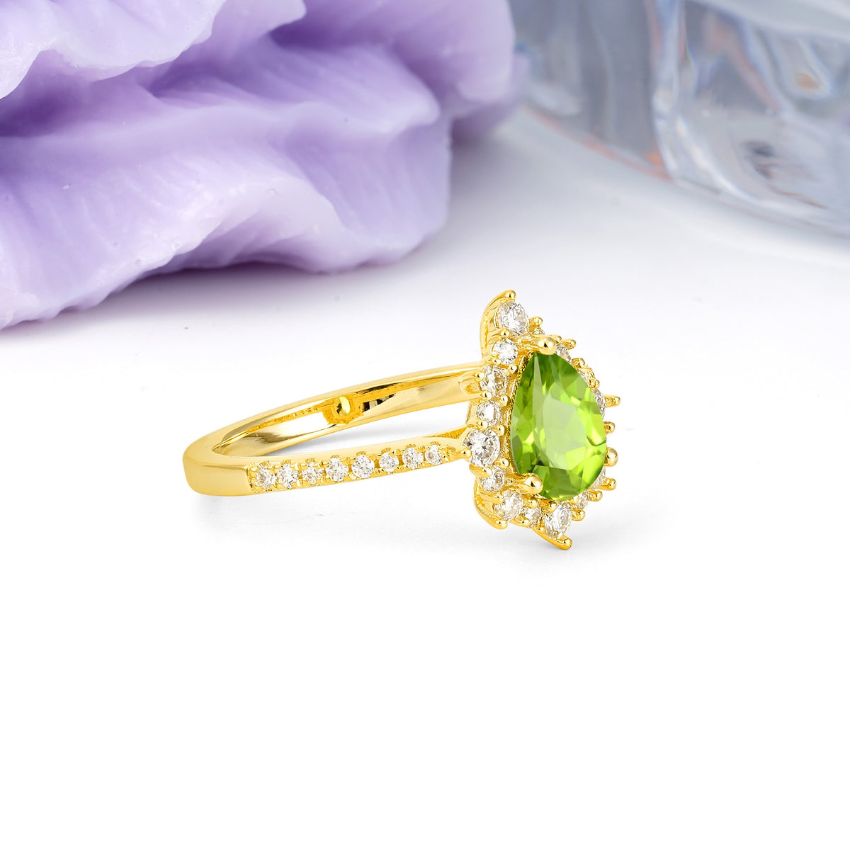 Classic Pavé-Set, Luxurious 3-Prong Pear-Cut Peridot Engagement Ring - Additional view