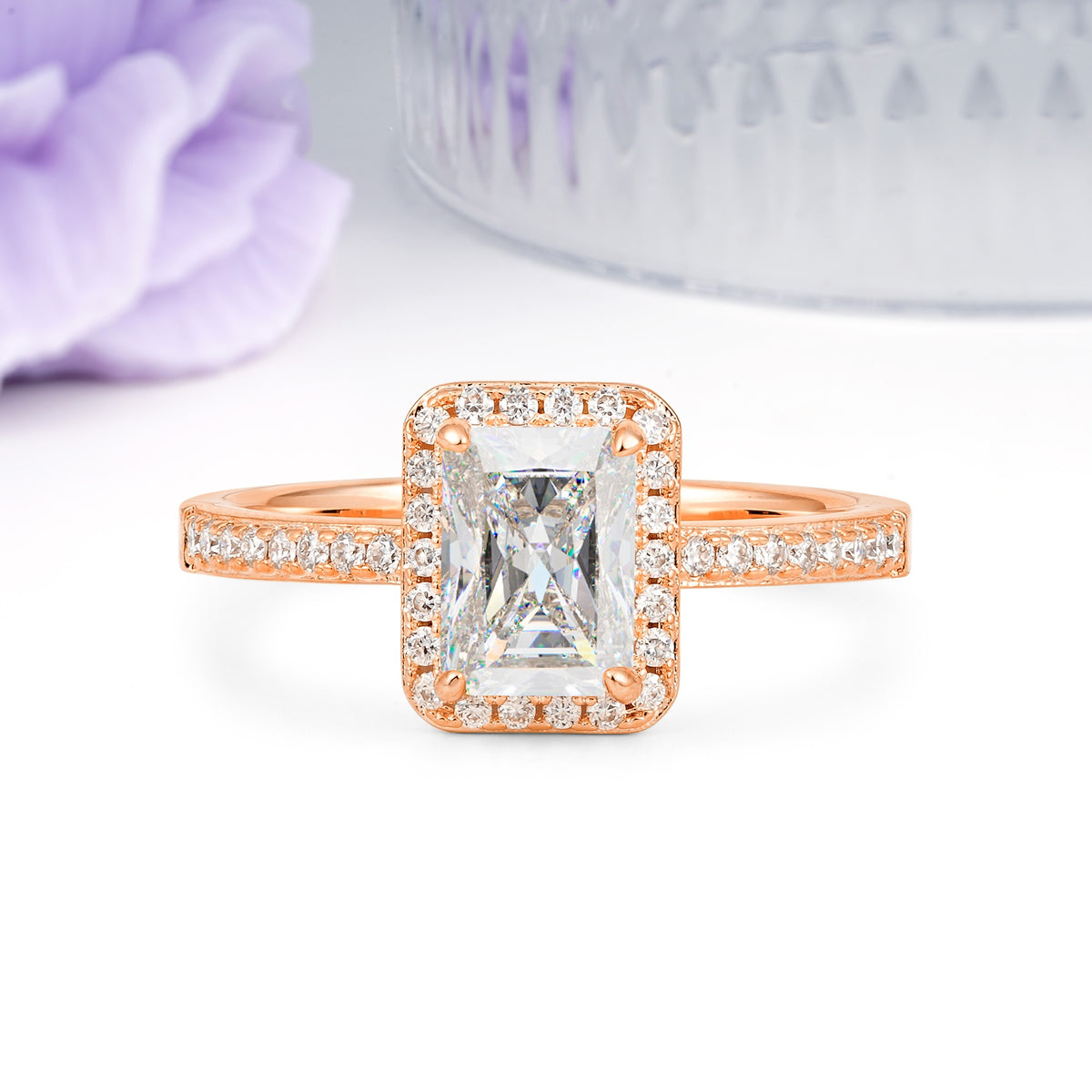 Classic Pavé-Set, Luxurious 4-Prong, Emerald-Cut Moissanite Engagement Ring - Additional view