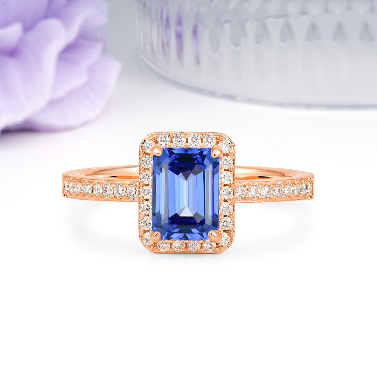 Classic Pavé-Set, Luxurious 4-Prong, Emerald-Cut Sapphire Engagement Ring - Additional view
