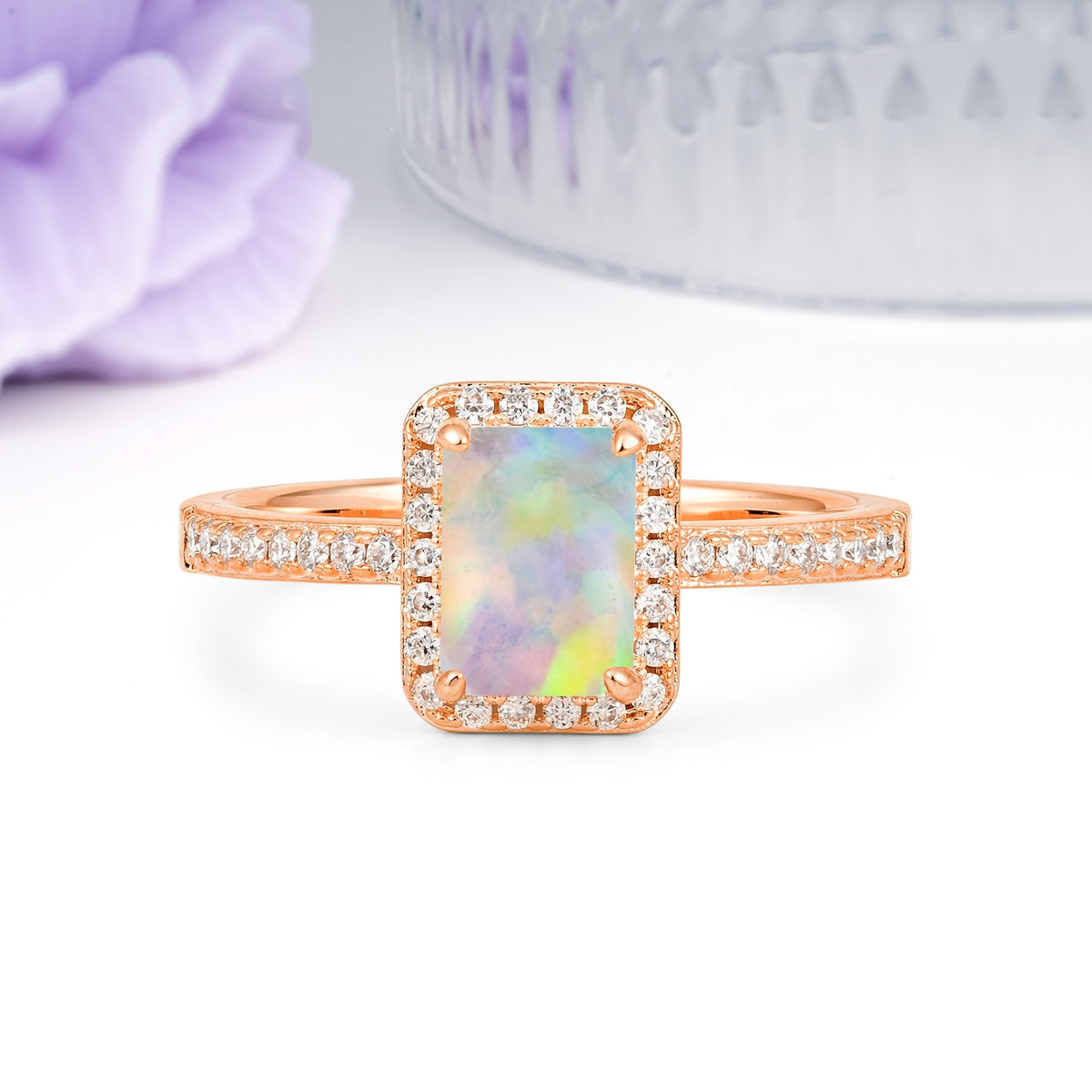 Classic Pavé-Set, Luxurious 4-Prong, Emerald-Cut Fire Opal Engagement Ring - Additional view