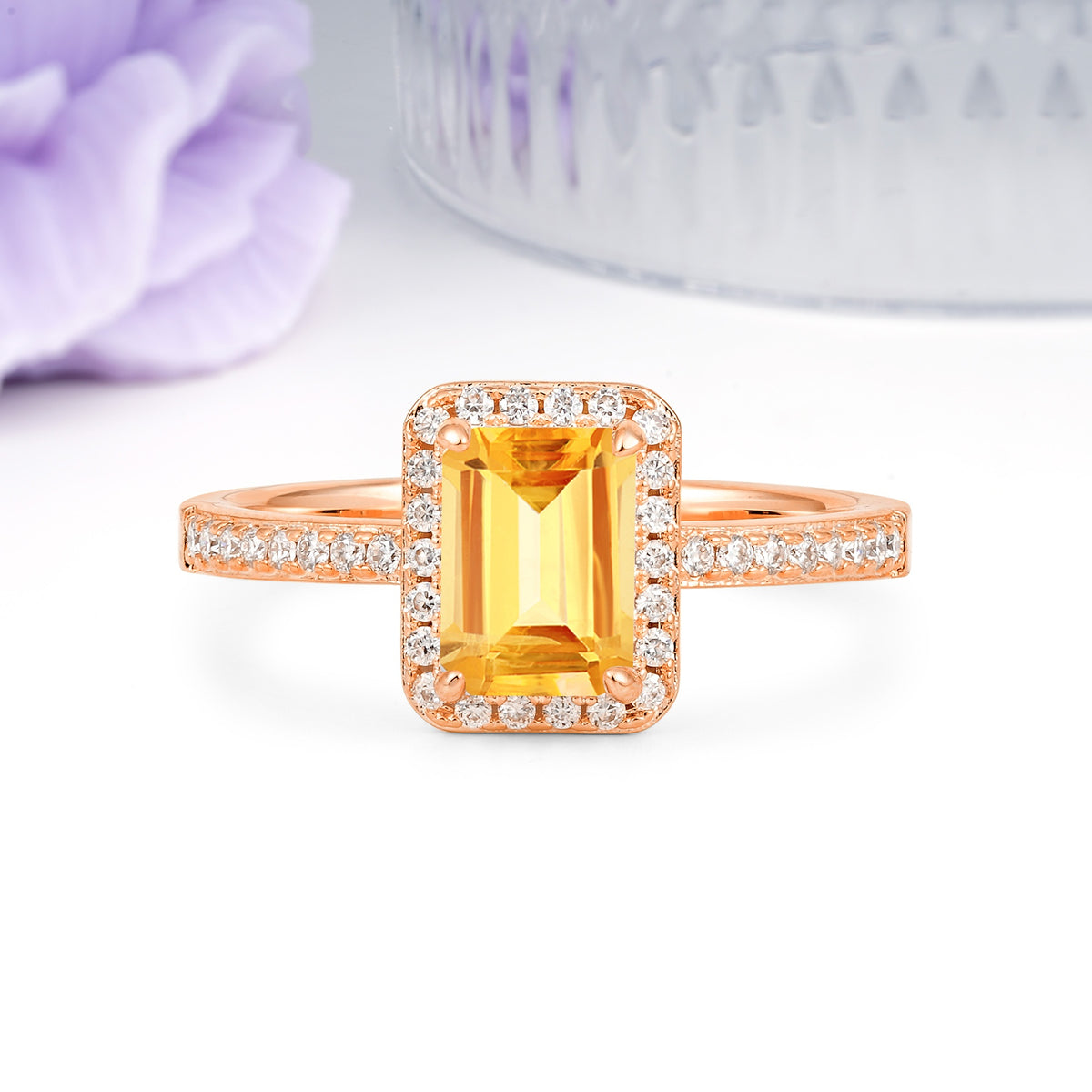 Classic Pavé-Set, Luxurious 4-Prong, Emerald-Cut Citrine Engagement Ring - Additional view