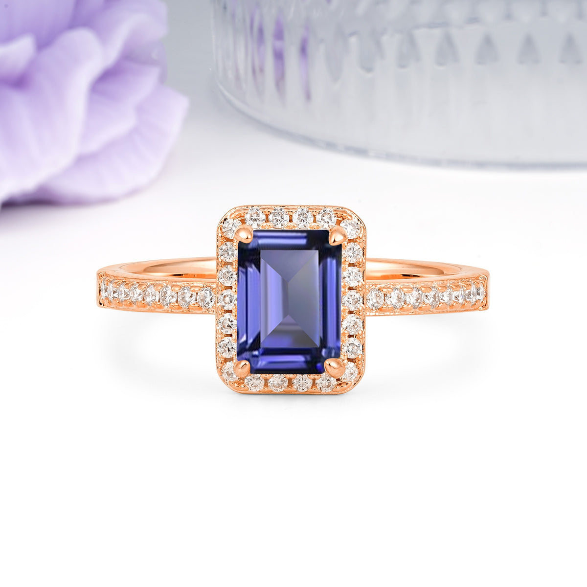 Classic Pavé-Set, Luxurious 4-Prong, Emerald-Cut Tanzanite Engagement Ring - Additional view