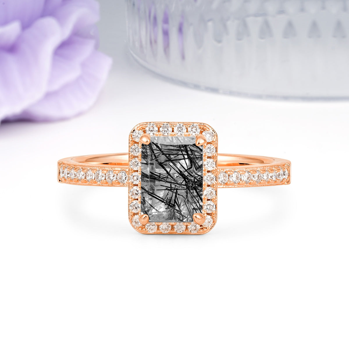Classic Pavé-Set, Luxurious 4-Prong, Emerald-Cut Black Rutilated Quartz Engagement Ring - Additional view