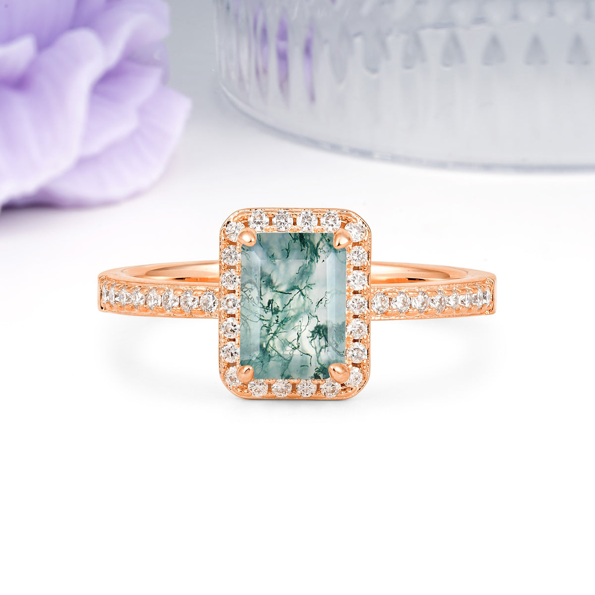 Classic Pavé-Set, Luxurious 4-Prong, Emerald-Cut Moss Agate Engagement Ring - Additional view