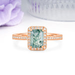 Classic Pavé-Set, Luxurious 4-Prong, Emerald-Cut Moss Agate Engagement Ring - Additional view
