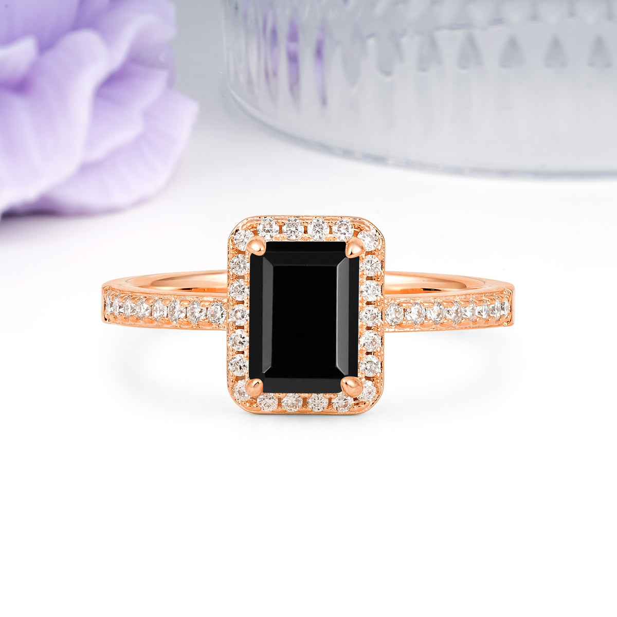 Classic Pavé-Set, Luxurious 4-Prong, Emerald-Cut Black Onyx Engagement Ring - Additional view