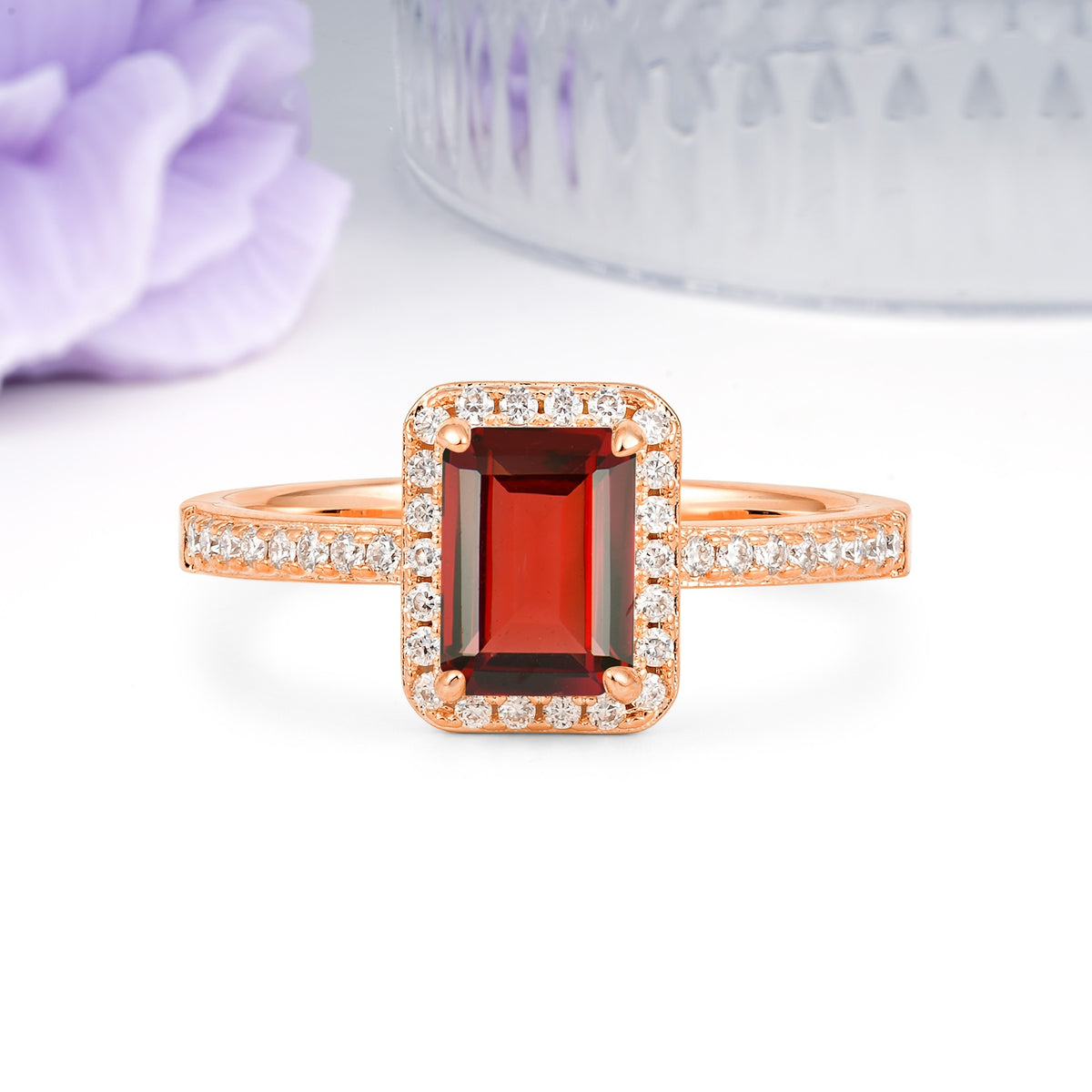 Classic Pavé-Set, Luxurious 4-Prong, Emerald-Cut Garnet Engagement Ring - Additional view