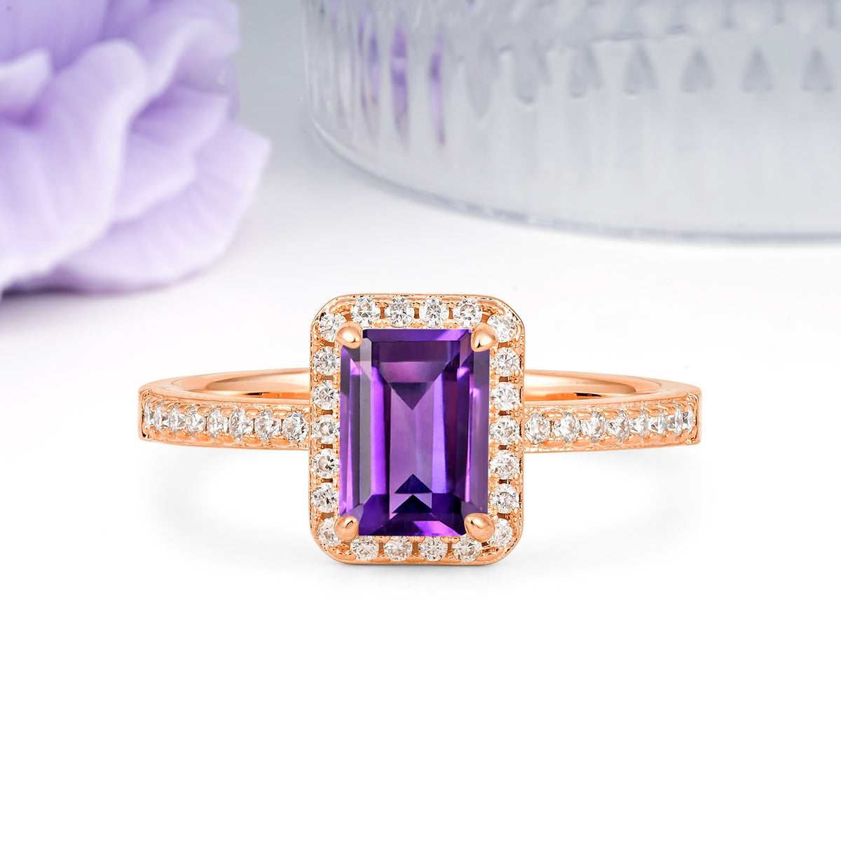 Classic Pavé-Set, Luxurious 4-Prong, Emerald-Cut Amethyst Engagement Ring - Additional view