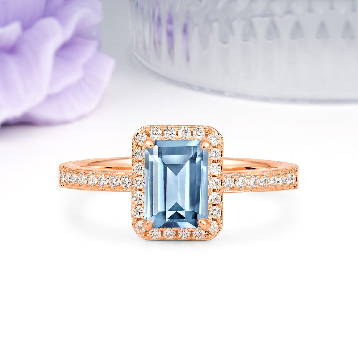 Classic Pavé-Set, Luxurious 4-Prong, Emerald-Cut Aquamarine Engagement Ring - Additional view