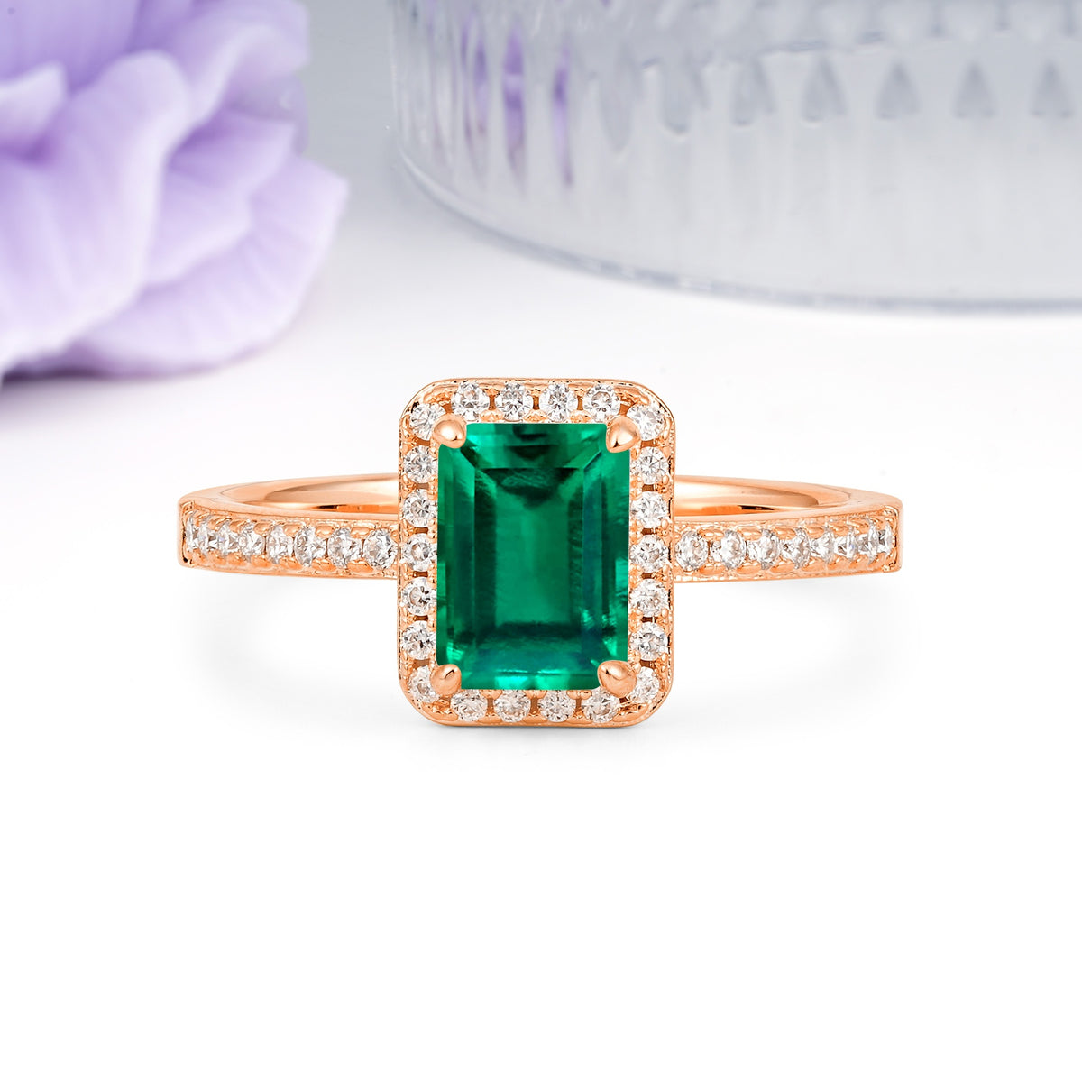 Classic Pavé-Set, Luxurious 4-Prong, Emerald-Cut Emerald Engagement Ring - Additional view