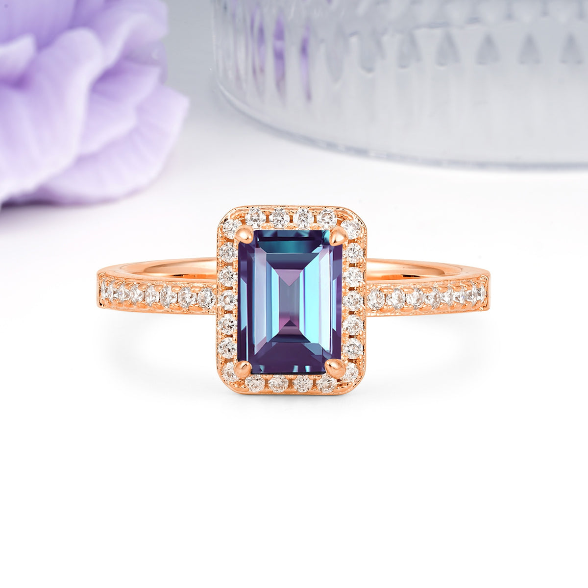 Classic Pavé-Set, Luxurious 4-Prong, Emerald-Cut Alexandrite Engagement Ring - Additional view